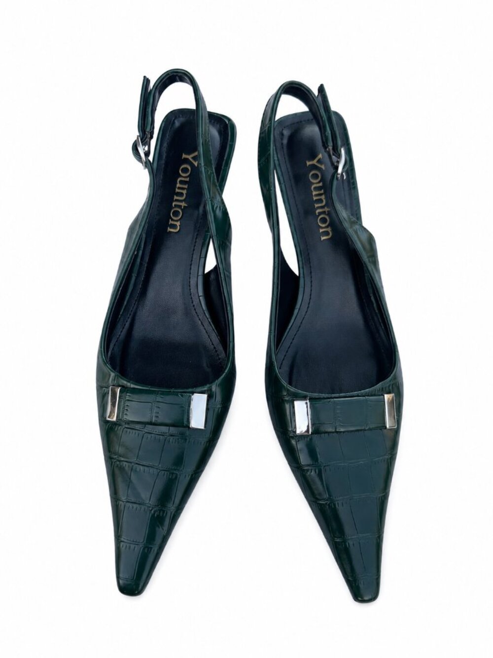 Younton Women's Green Croc Embossed Slingback Kitten Heel Pointed Pumps, 8.5 - Picture 3 of 7
